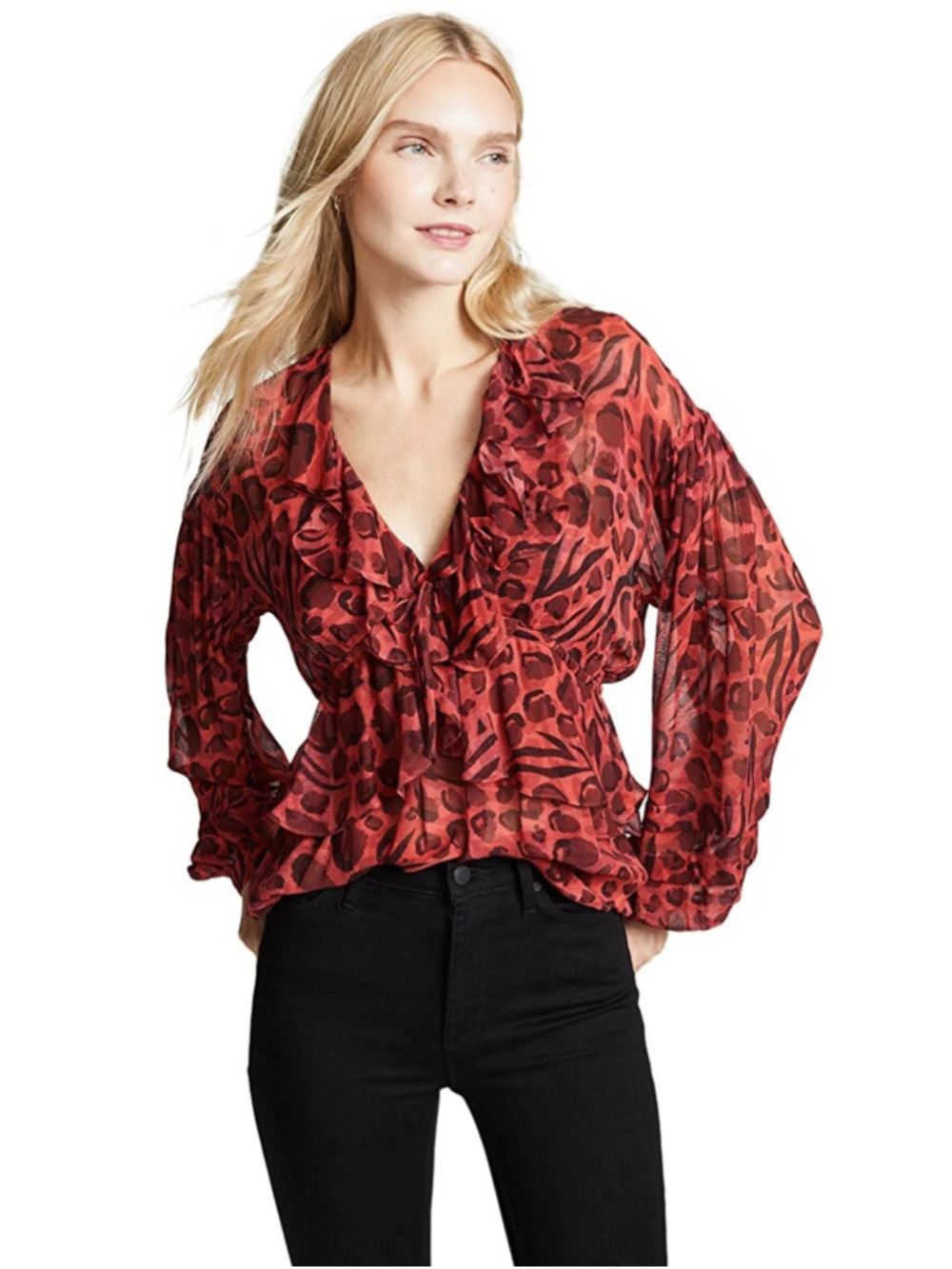 IRO Realize RED + BLACK Animal Print Ruffle LEOPARD BOUTIQUE Top WOMENS S